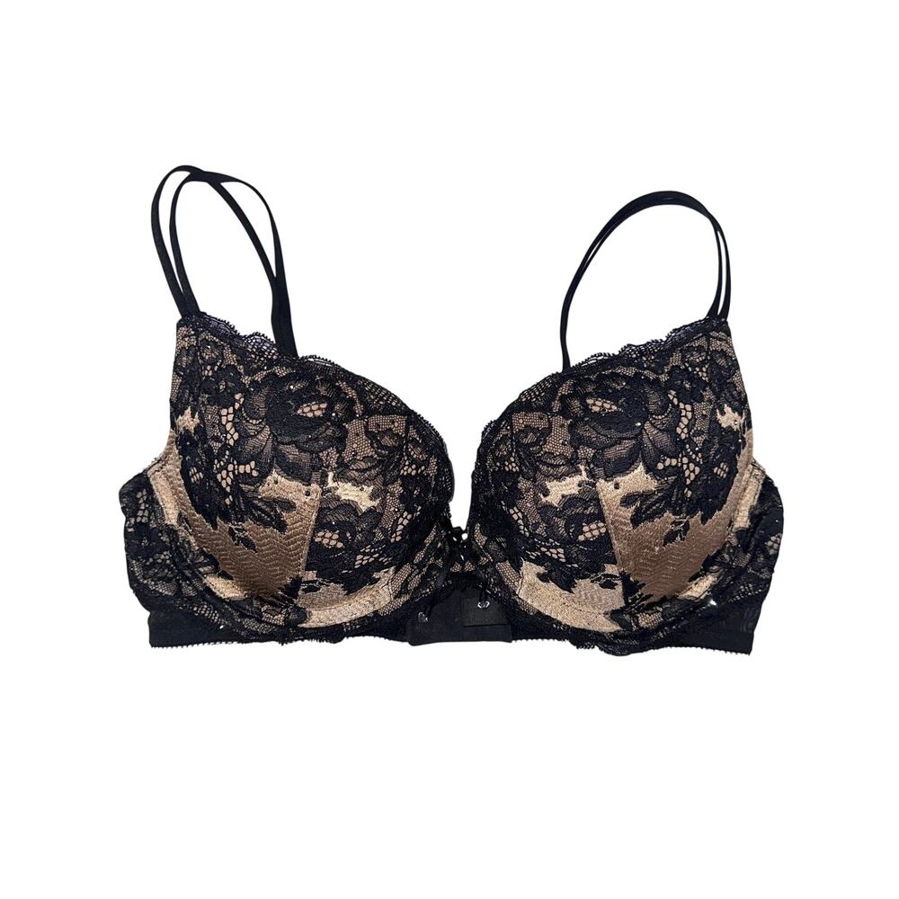 Victorias Secret Very Sexy Seductive Beige Black Lace Rhinestone Push Up Bra 36C